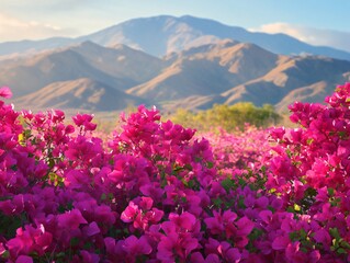 Fototapeta premium Vibrant Bougainvillea Field with Majestic Mountain Landscape, Captivating Nature Photography