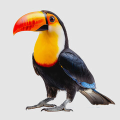 Obraz premium Vibrant Toucan Standing Proudly with Striking Beak and Colorful Plumage on Neutral Background, Showcasing Nature’s Splendor in Exquisite Detail
