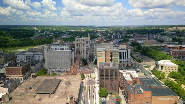 Aerial view of Youngstown downtown, Ohio and Youngstown State University campus was founded in 1908.