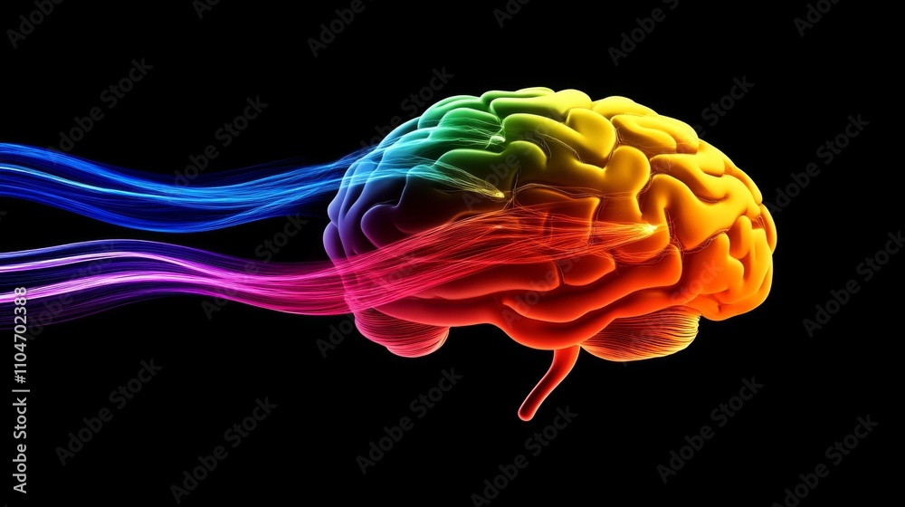 Poster colorful brain with flowing waves on dark background