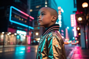 Obraz premium Child in gold jacket illuminated by neon city lights at night