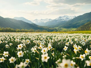 Fototapeta premium White Daffodil Field, Scenic Mountain Backdrop, Spring Vibes that Soothe the Soul