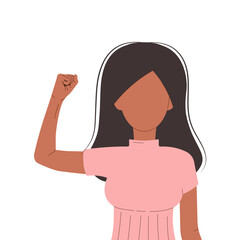 International Womens Day 8 march. Campaign 2025 AccelerateAction. Brunette woman showing strength in her hand. Faceless female avatar. Flat vector illustration on white background