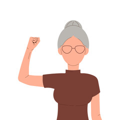 International Womens Day 8 march. Campaign 2025 AccelerateAction. Woman in glasses showing strength in her hand. Faceless female avatar. Flat vector illustration on white background