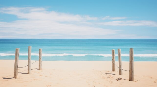 serene beach view with wooden posts and calm ocean waves