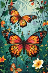 Artistic depiction of two radiant butterflies amidst lush floral patterns, capturing the essence of spring. Great for wallpapers, nature-inspired artwork, greeting cards, print, digital designs.