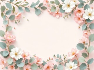 Blank card mockup, pastel pink floral frame.