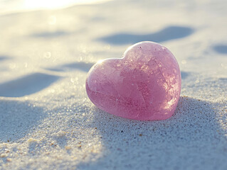 Fototapeta premium Rose quartz heart resting on white sand with soft pink hues.