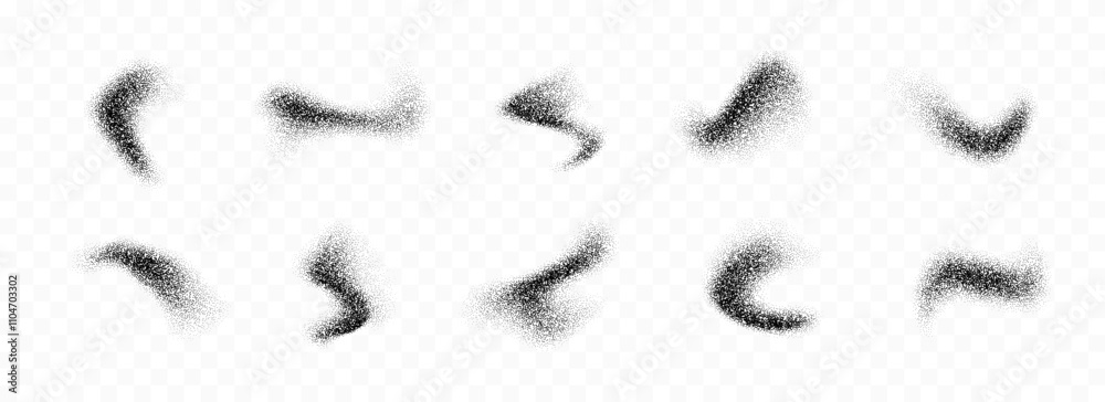 Poster black powder splashes collection. grunge grain spray texture set. dotted curved smudged brush stains