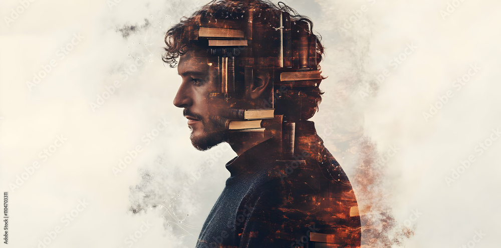 Poster A profile of a man with a double exposure effect, blending urban elements and clouds.