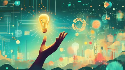 Abstract representation of innovation and creativity with a hand holding a glowing light bulb amidst a colorful digital landscape filled with modern technology elements.