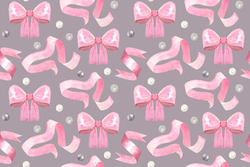  Pearls and satin ribbons watercolor seamless pink pattern on taupe background. Hand drawn design elements perfect for wrapping paper, textile, backgrounds, websites, cards, posters, mother day decor