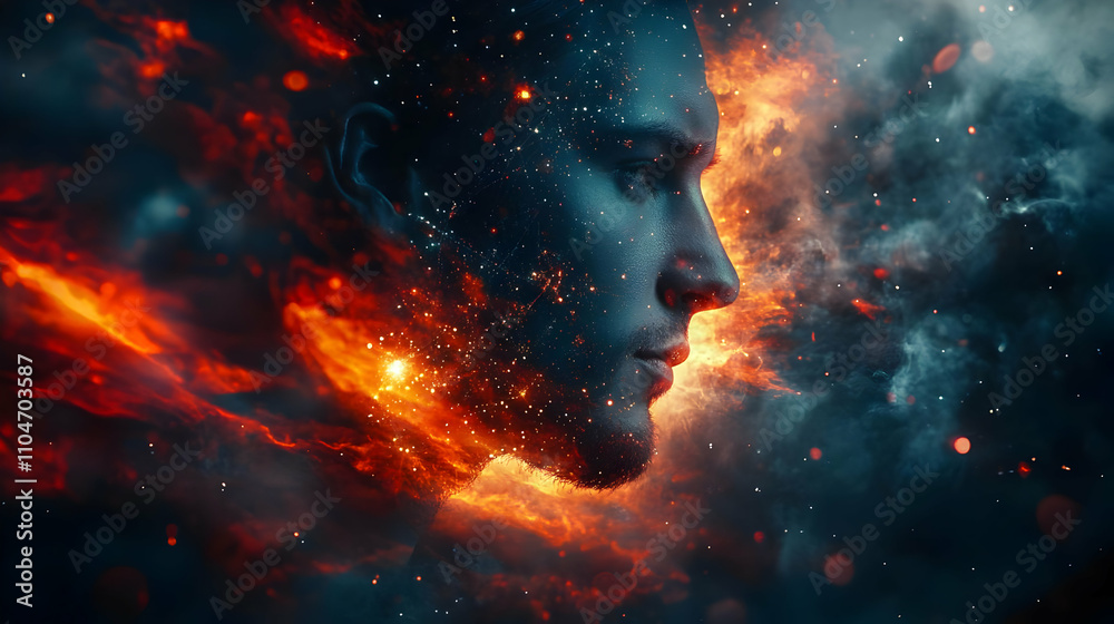 Poster a surreal portrait blending human features with cosmic elements, evoking a sense of wonder.