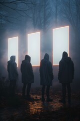 Silhouetted figures standing in eerie foggy forest with glowing digital panels casting a mysterious atmospheric light in darkness