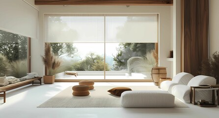 Fototapeta premium wooden living room and white flooring with a big window overlooking the outdoors