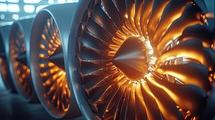 Close-up of a row of powerful jet engines with glowing turbine blades.