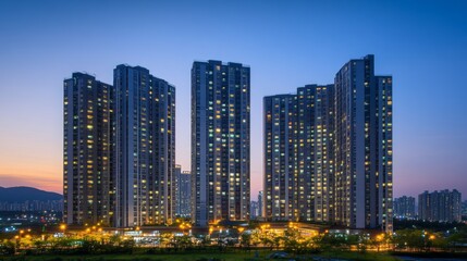 Fototapeta premium Urban High-Rise Buildings with Evening Sky and City Lights
