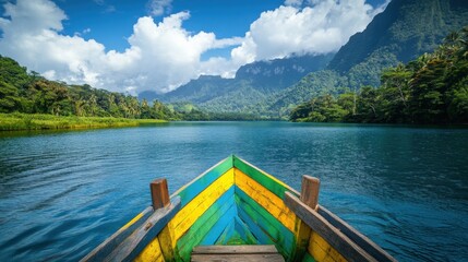 colorful boat on tranquil lake surrounded by lush mountains and blue sky