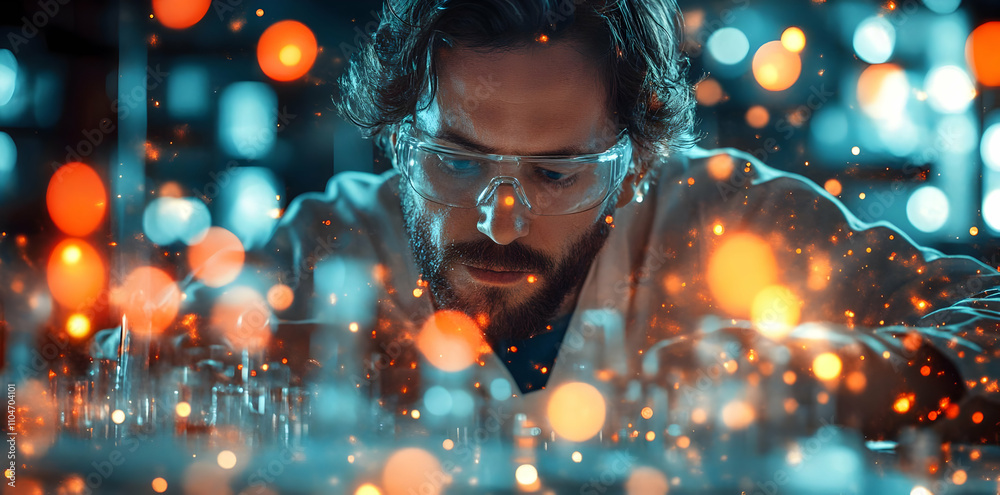 Poster A scientist in a lab, focused on experiments amidst glowing particles.