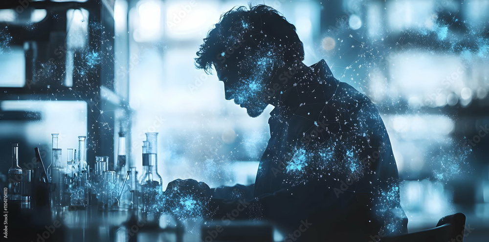 Aufkleber a silhouette of a person in a lab, surrounded by a cosmic backdrop representing creativity.