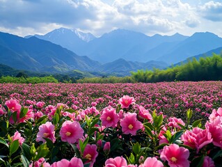Fototapeta premium Blooming Pink Flower Field, Scenic Mountain View, Spring Sky and Beautiful Spring Atmosphere