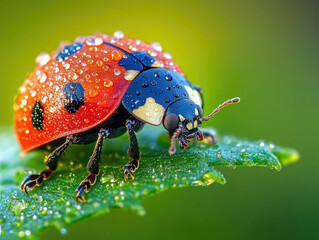 Obraz premium Close-up of a dewdrop-covered ladybug on a green leaf.