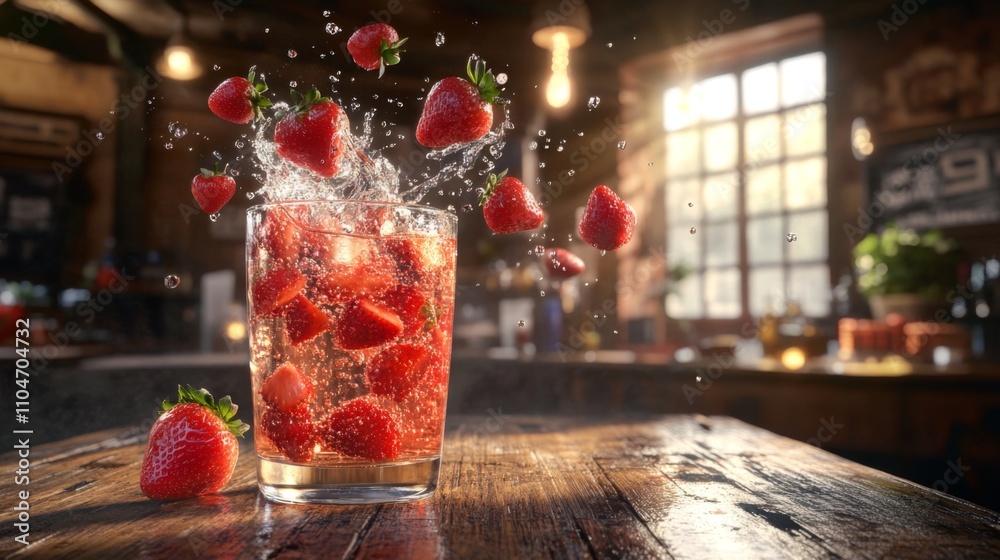 Poster refreshing strawberry splash in a glass on rustic wooden table