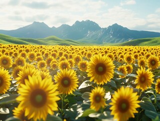 Sunflower Field in Full Bloom, Majestic Mountain Backdrop, Clear Spring Sky