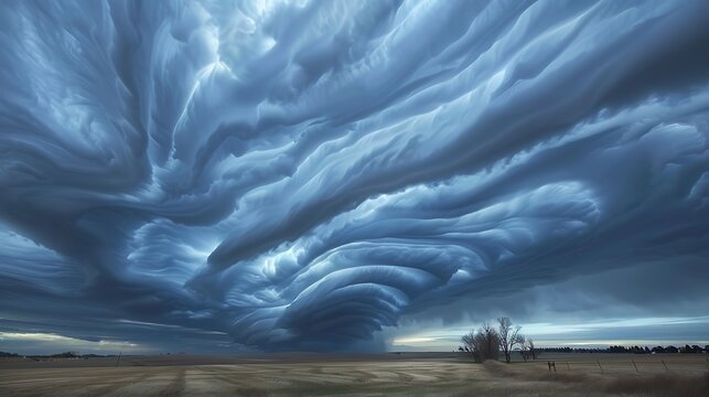 Dramatic cloudscape of undulatus asperatus clouds over a vast, flat landscape. The texture and formations of the clouds are stunning.