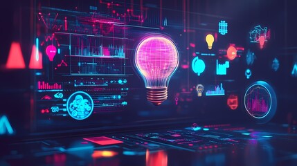 Fototapeta premium Futuristic Digital Interface with Neon Light Bulb, Data Visualization Graphics, and Innovative Technology Concepts on a Dark Background