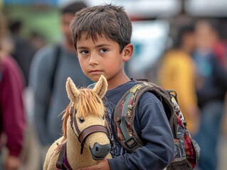 Obraz premium young child holding a toy horse with a backpack in a crowded setting