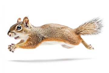 Obraz premium Excellent quality, isolated gray brown squirrel leaping on a white backdrop. Generative Ai