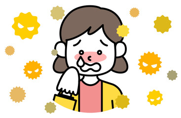 花粉症で涙を流す女の子のベクターイラスト 目の痒み 鼻水 くしゃみ アレルギー ティッシュ 鼻炎