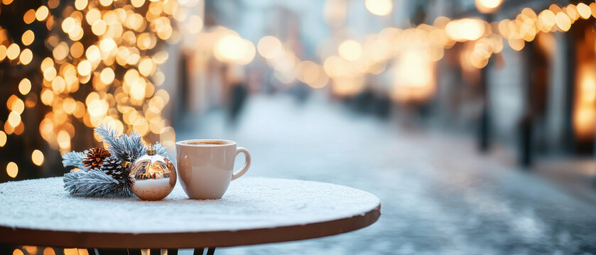 Christmas theme, snowy outdoor cafe table with hot chocolate and festive decorations