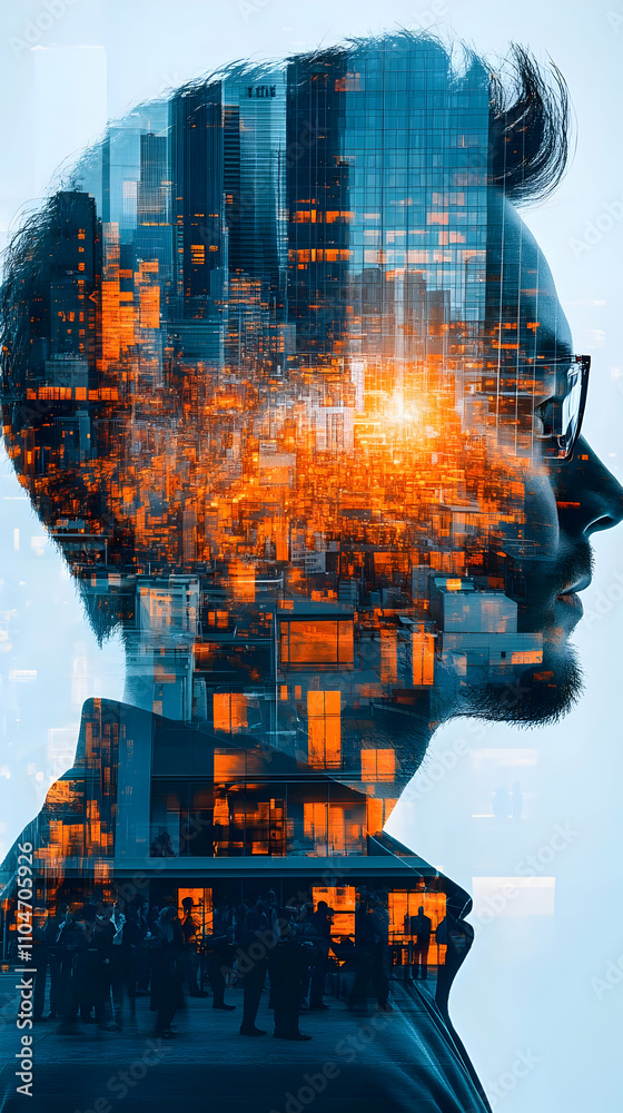 Poster a silhouette of a person with a cityscape overlay, symbolizing urban life and introspection.