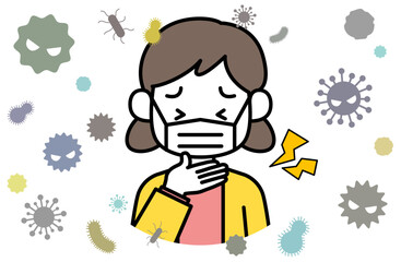 喉風邪・扁桃腺の痛み炎症のある女の子ベクターイラスト 発熱 インフルエンザ のど 首 扁桃腺炎