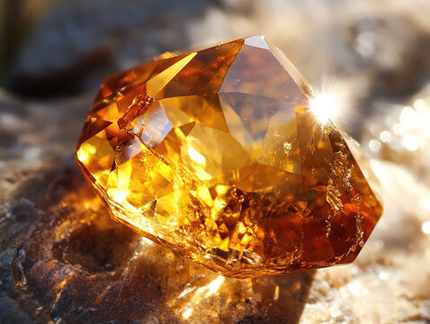 Golden citrine gemstone with fine details of inclusions.