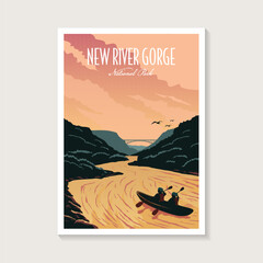 New River Gorge National Park poster illustration, river kayak scenery poster design