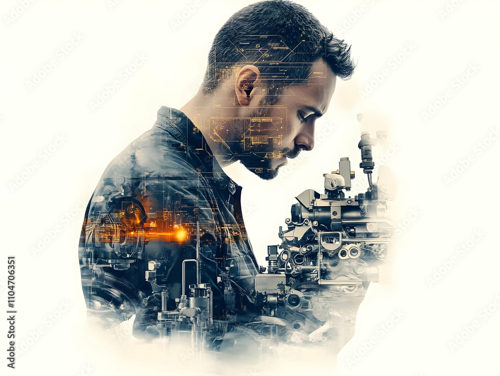 Aufkleber a profile of a man with an overlay of machinery, symbolizing innovation and technology.