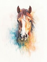 Expressive Horse with Sunlit Hay - Vivid Watercolor Portrait