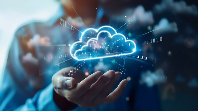 Businessman holding glowing cloud icon with digital light effects for symbolizing cloud computing and representing digital transformation technology concept.