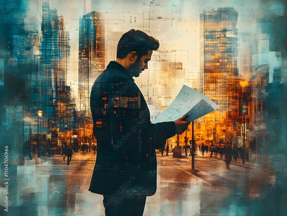 Poster a man reading documents in a bustling urban environment, blending architecture and lifestyle.