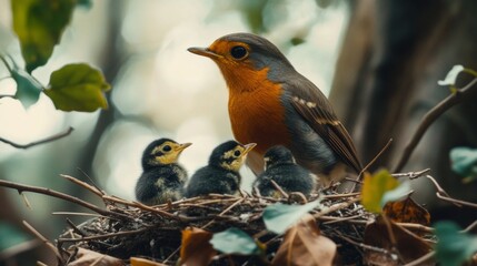 Parent Bird Feeding Chicks in Nest Among Vibrant Green Foliage