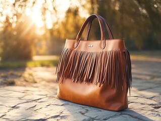 A sharp and realistic photo of a fringe leather handbag on a stone surface, warm sunlight filtering through trees, vivid, high-contrast, and well-lit in stunning detail