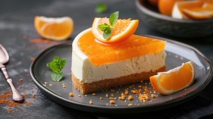 Freshly presented tangerine cheesecake for immediate enjoyment