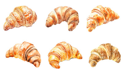 set of croissant watercolor food illustration isolated in transparent background