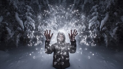 Obraz premium a person surrounded by sparkling snow in a winter forest