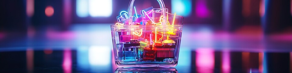 A stunning, sharp image of a transparent handbag full of neon objects on a reflective surface, illuminated by glowing lights, vivid and visually appealing in high-definition