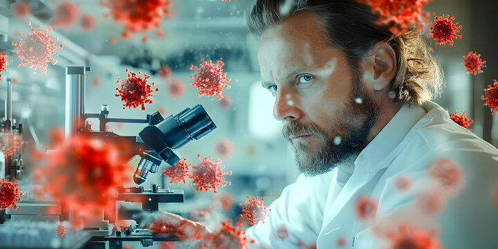 A scientist examines samples under a microscope, with virus imagery overlay.