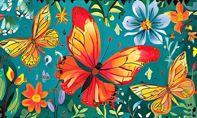 Stunning close-up of colorful butterflies resting on vibrant flowers, creating a harmonious blend of natures beauty. Ideal for floral themes, nature projects, greeting cards, print, digital designs.